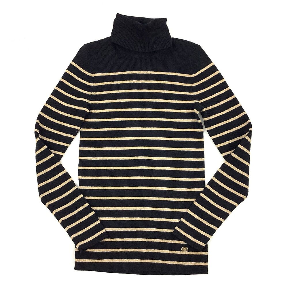 Ralph Lauren Black Gold Striped Turtleneck Sweater Top Ribbed Knit Women Size M